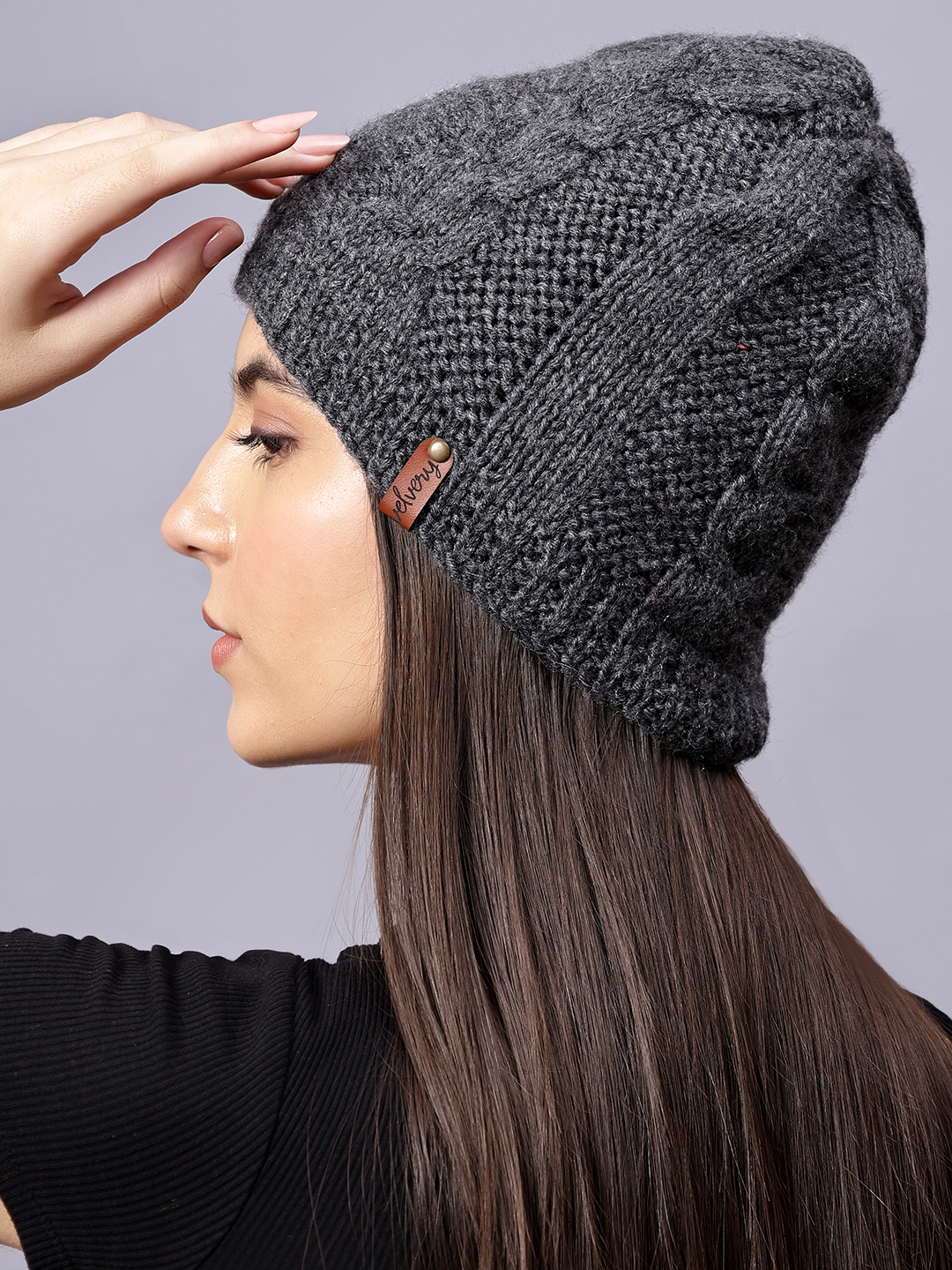 Velvery Handknitted Grey Self Design Beanie