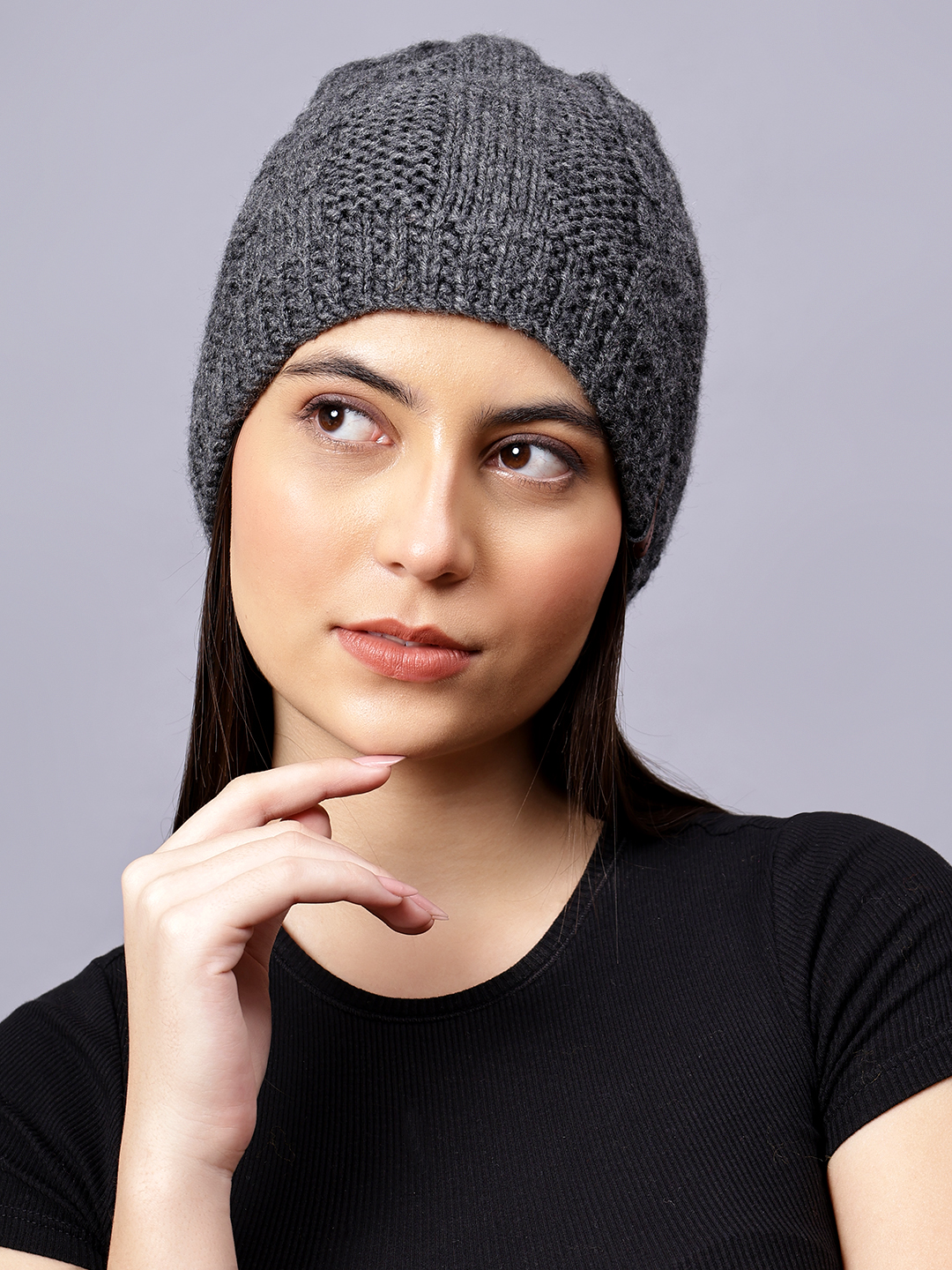 Velvery Handknitted Grey Self Design Beanie
