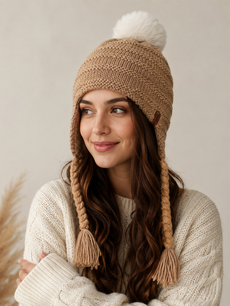Image of Velvery Handknitted Beanie Cap - Beige