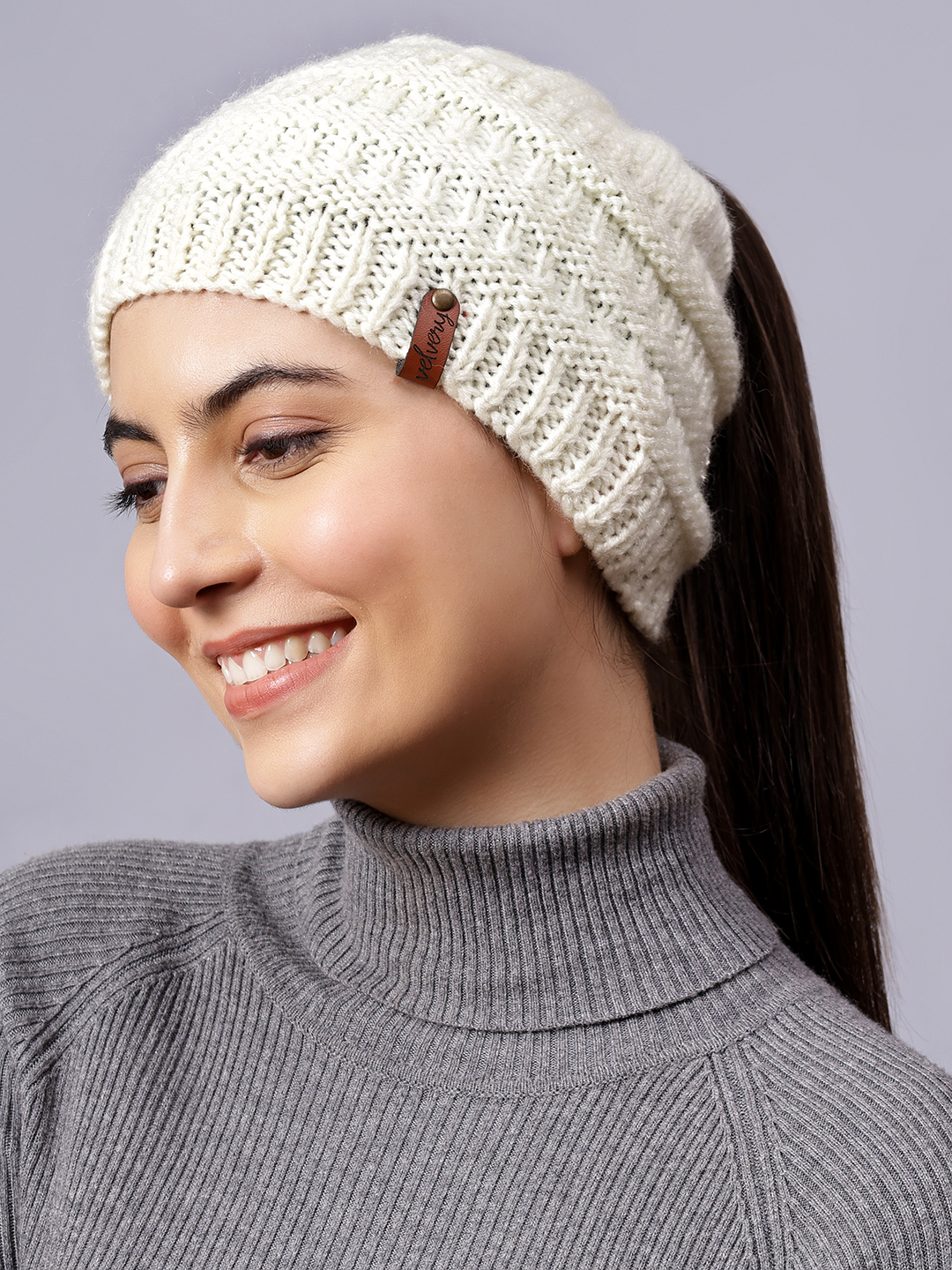 Velvery Handknitted White Self Design Pony Tail Beanie