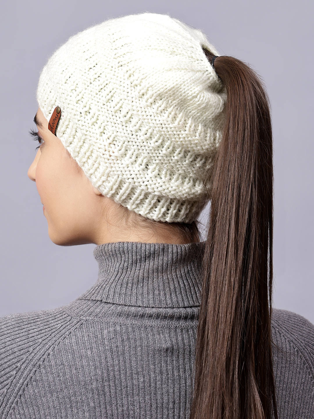 Velvery Handknitted White Self Design Pony Tail Beanie