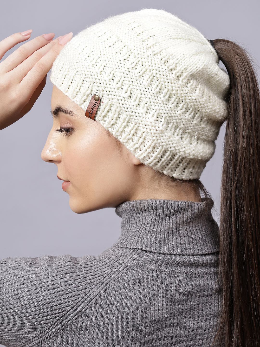 Velvery Handknitted White Self Design Pony Tail Beanie