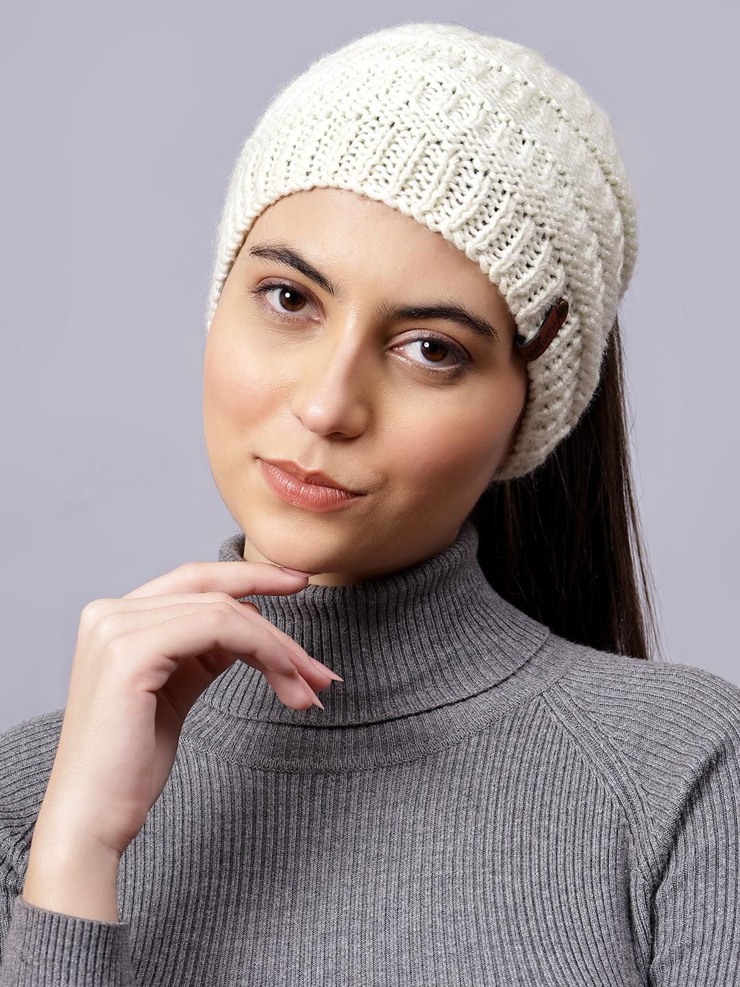 Velvery Handknitted White Self Design Pony Tail Beanie