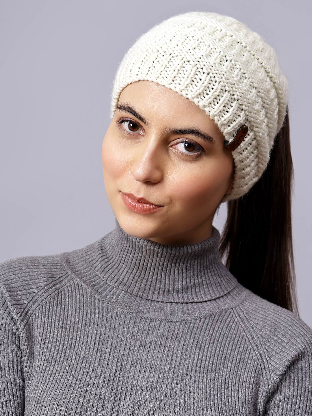 Velvery Handknitted White Self Design Pony Tail Beanie
