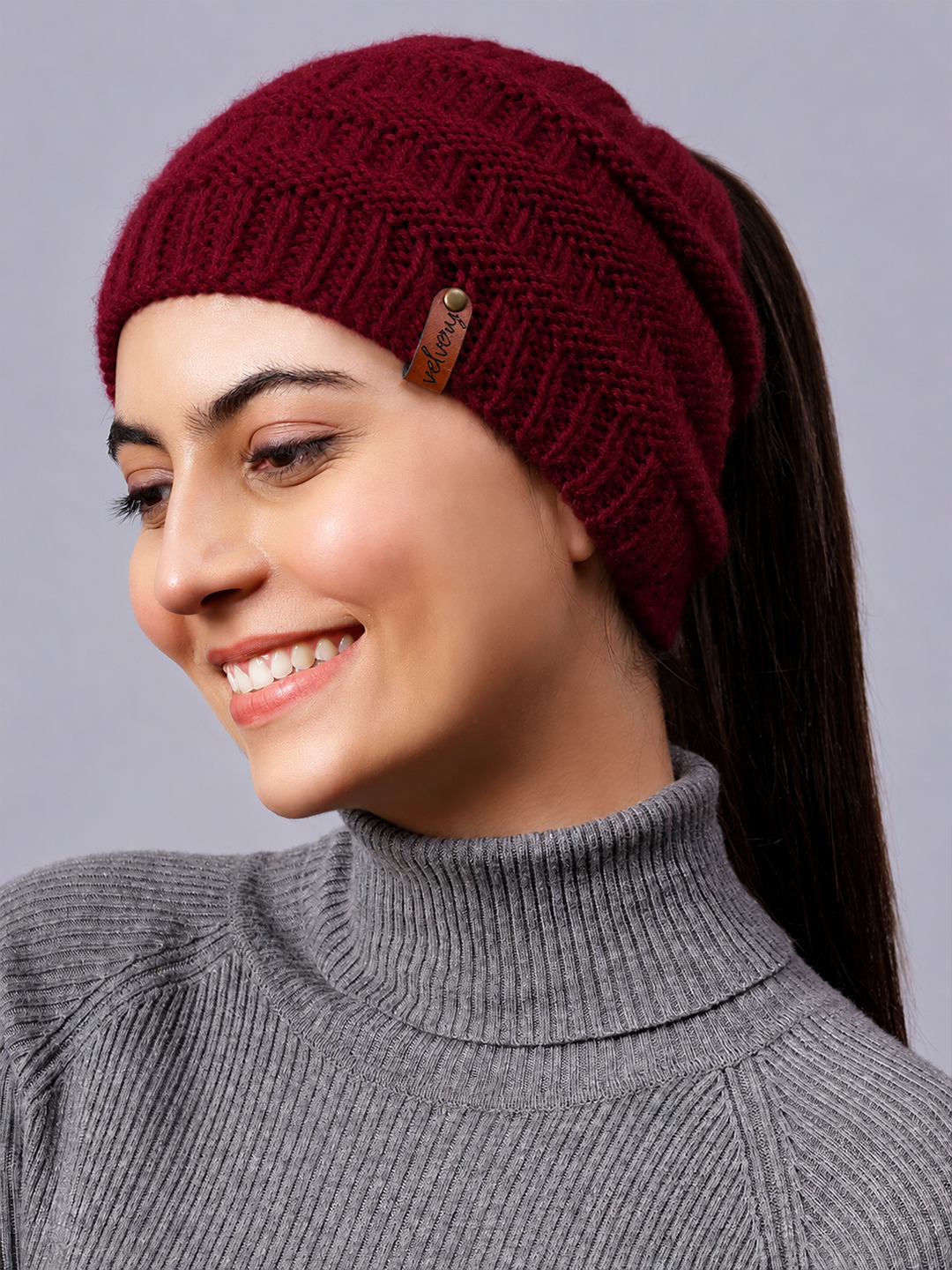 Velvery Handknitted Pony Tail Beanie Cap - Maroon
