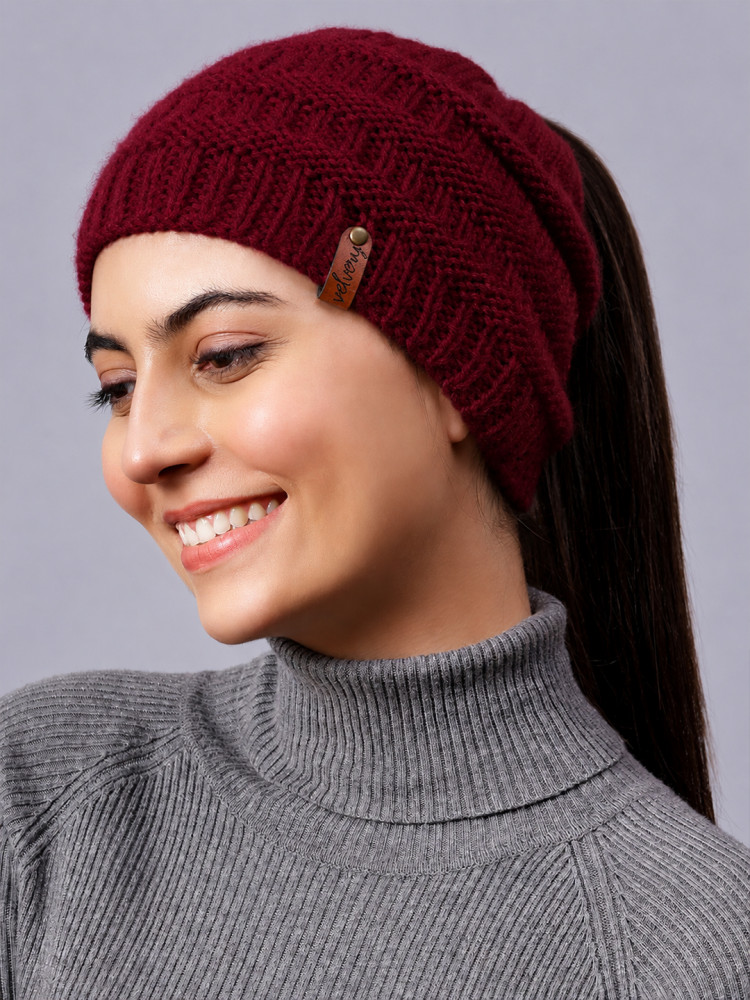 Image of Velvery Handknitted Pony Tail Beanie Cap - Maroon