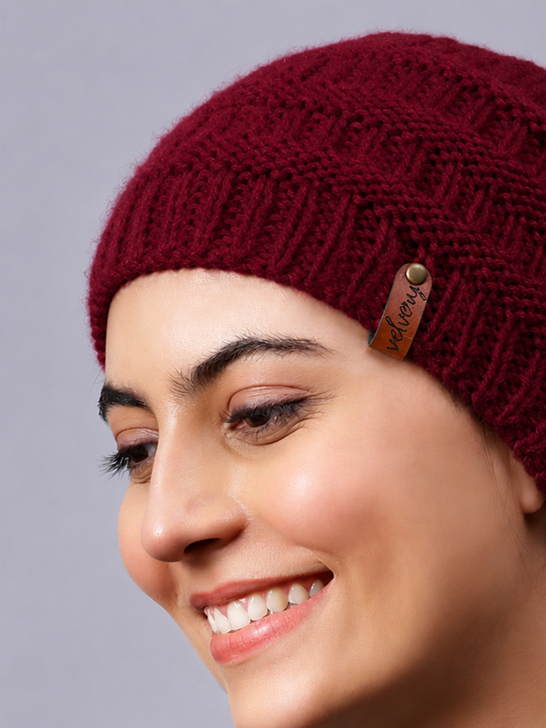 Velvery Handknitted Pony Tail Beanie Cap - Maroon