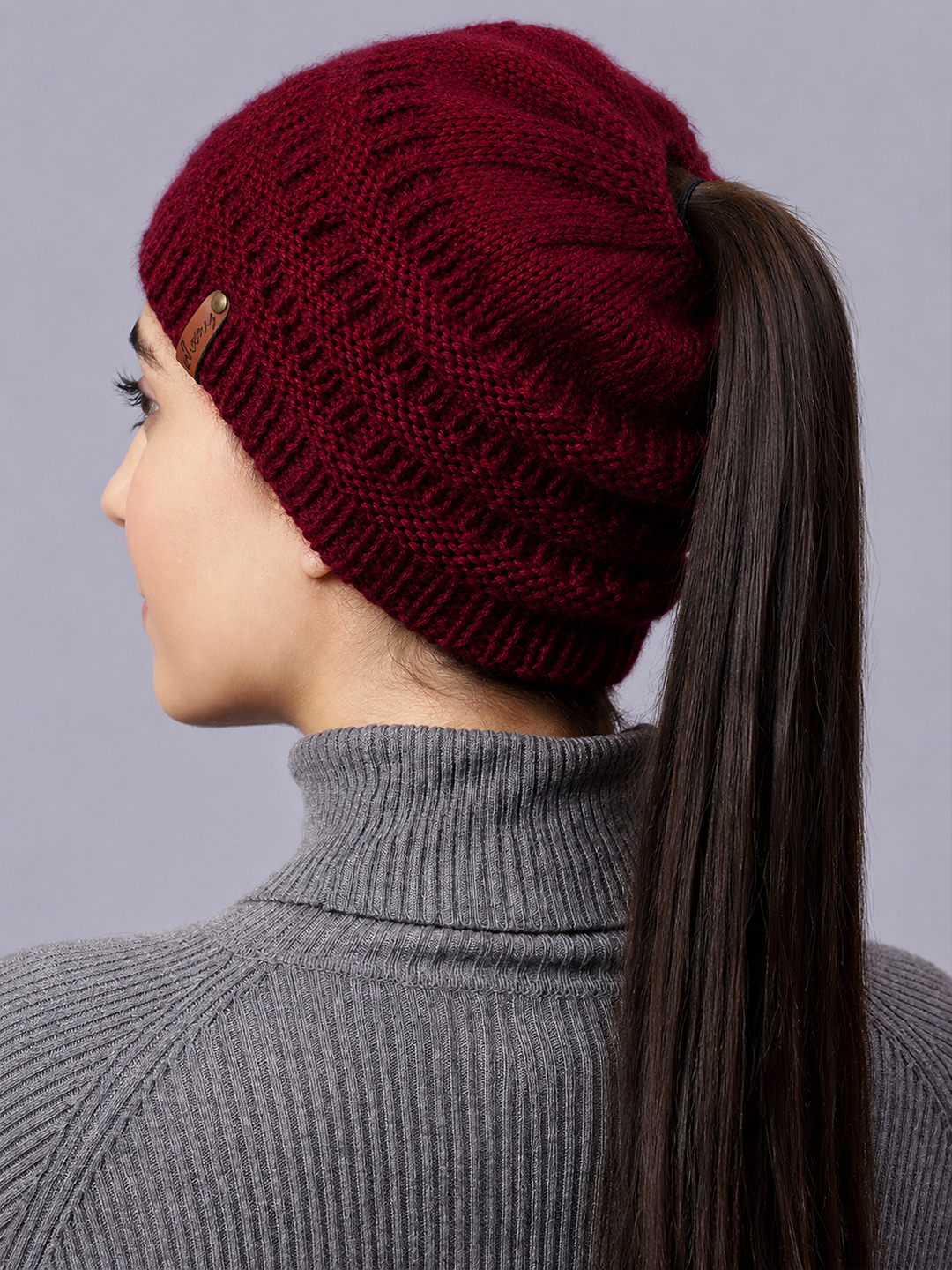 Velvery Handknitted Pony Tail Beanie Cap - Maroon