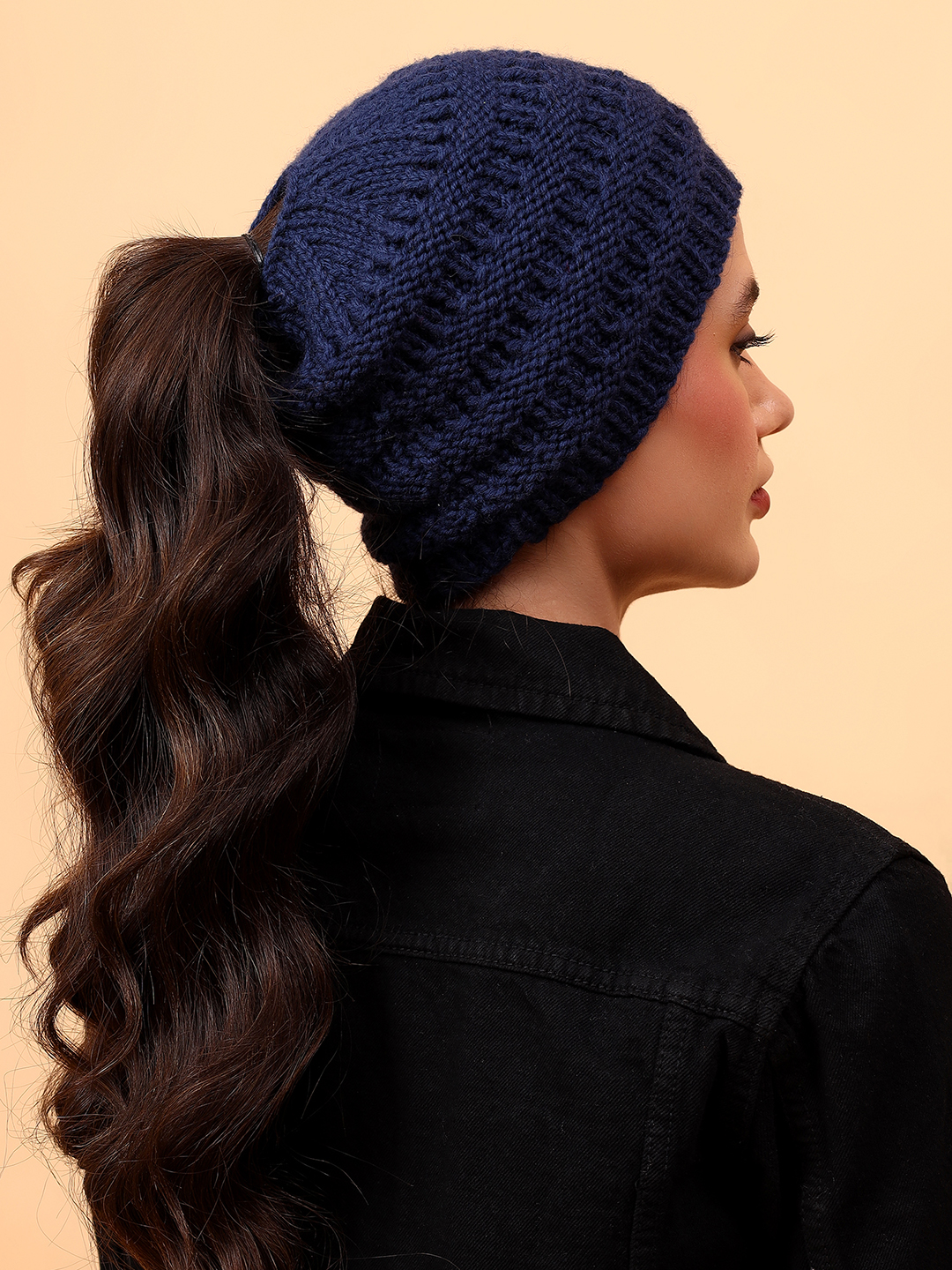 Velvery Garter Stitch Merino Wool Ponytail Cap