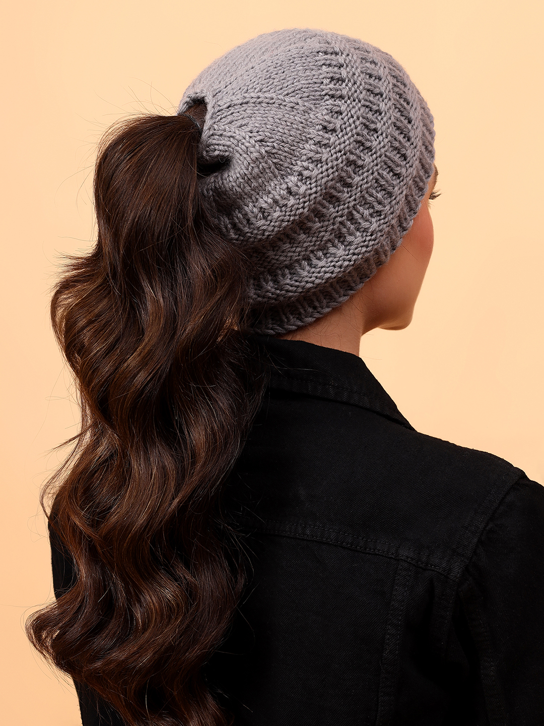 Velvery Garter Stitch Merino Wool Ponytail Cap