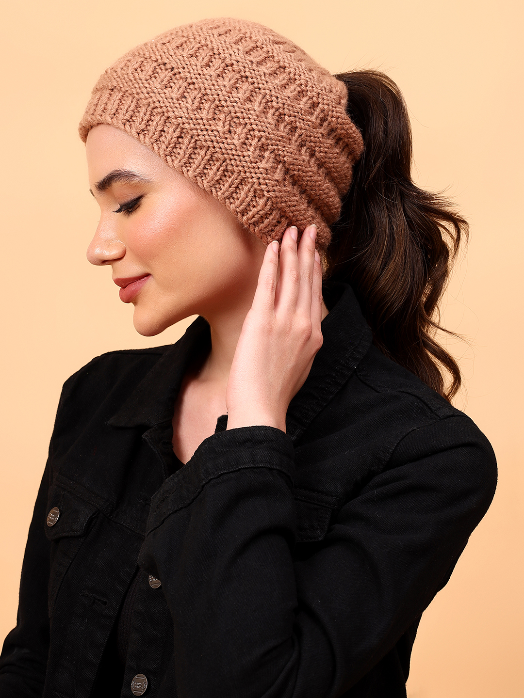 Velvery Garter Stitch Merino Wool Ponytail Cap