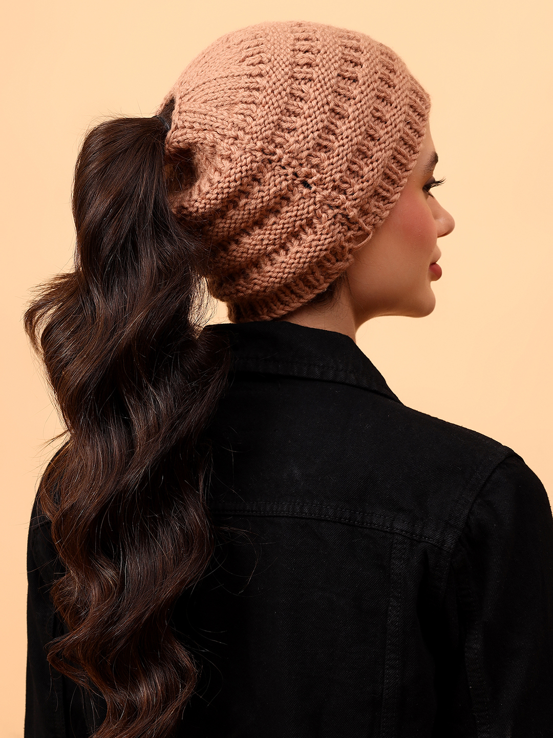 Velvery Garter Stitch Merino Wool Ponytail Cap