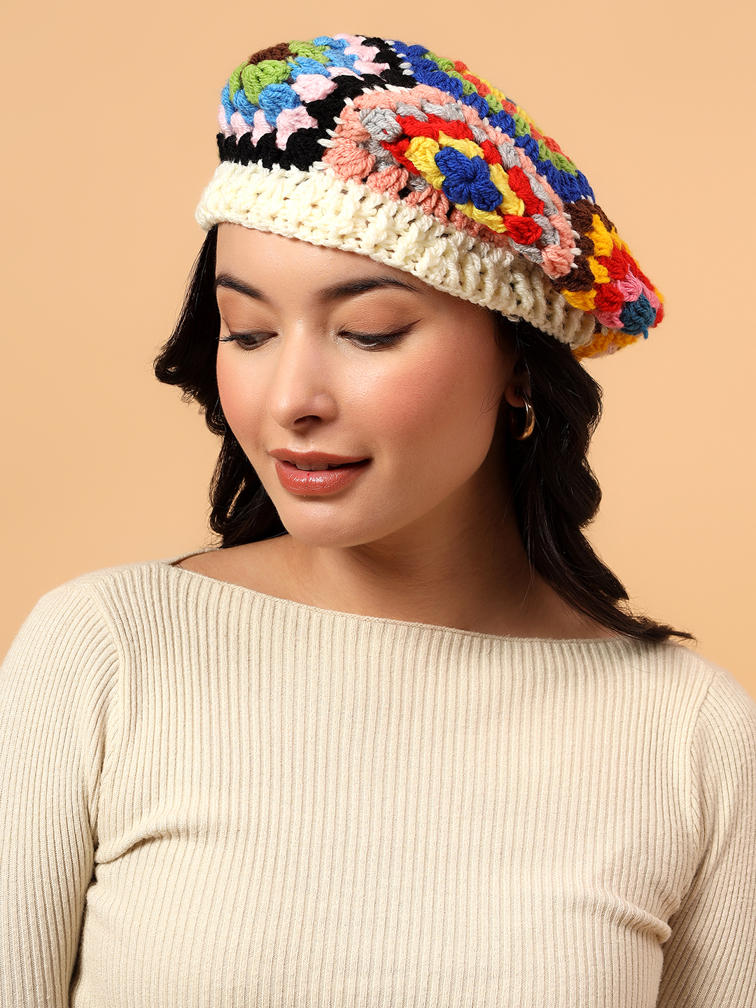 Velvery Handknitted Granny Square Beret Cap - Multicolor