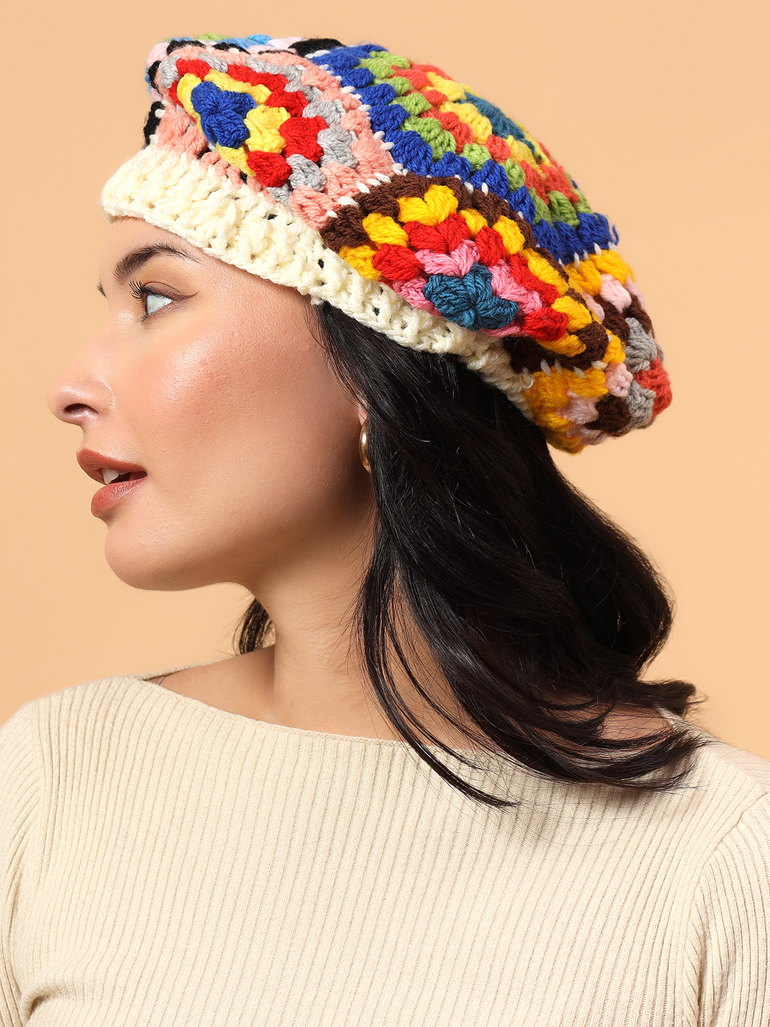 Velvery Handknitted Granny Square Beret Cap - Multicolor