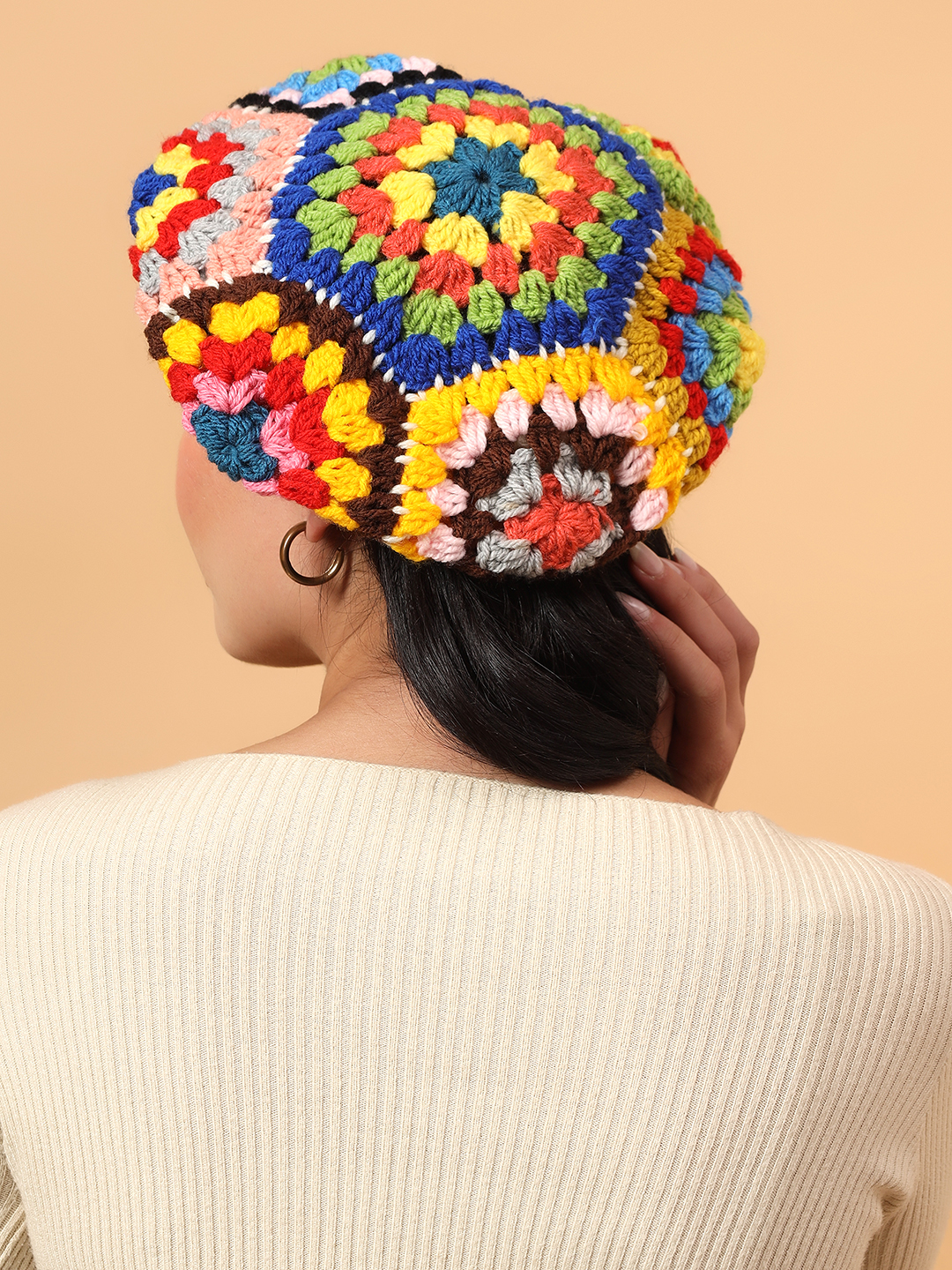 Velvery Handknitted Granny Square Beret Cap - Multicolor