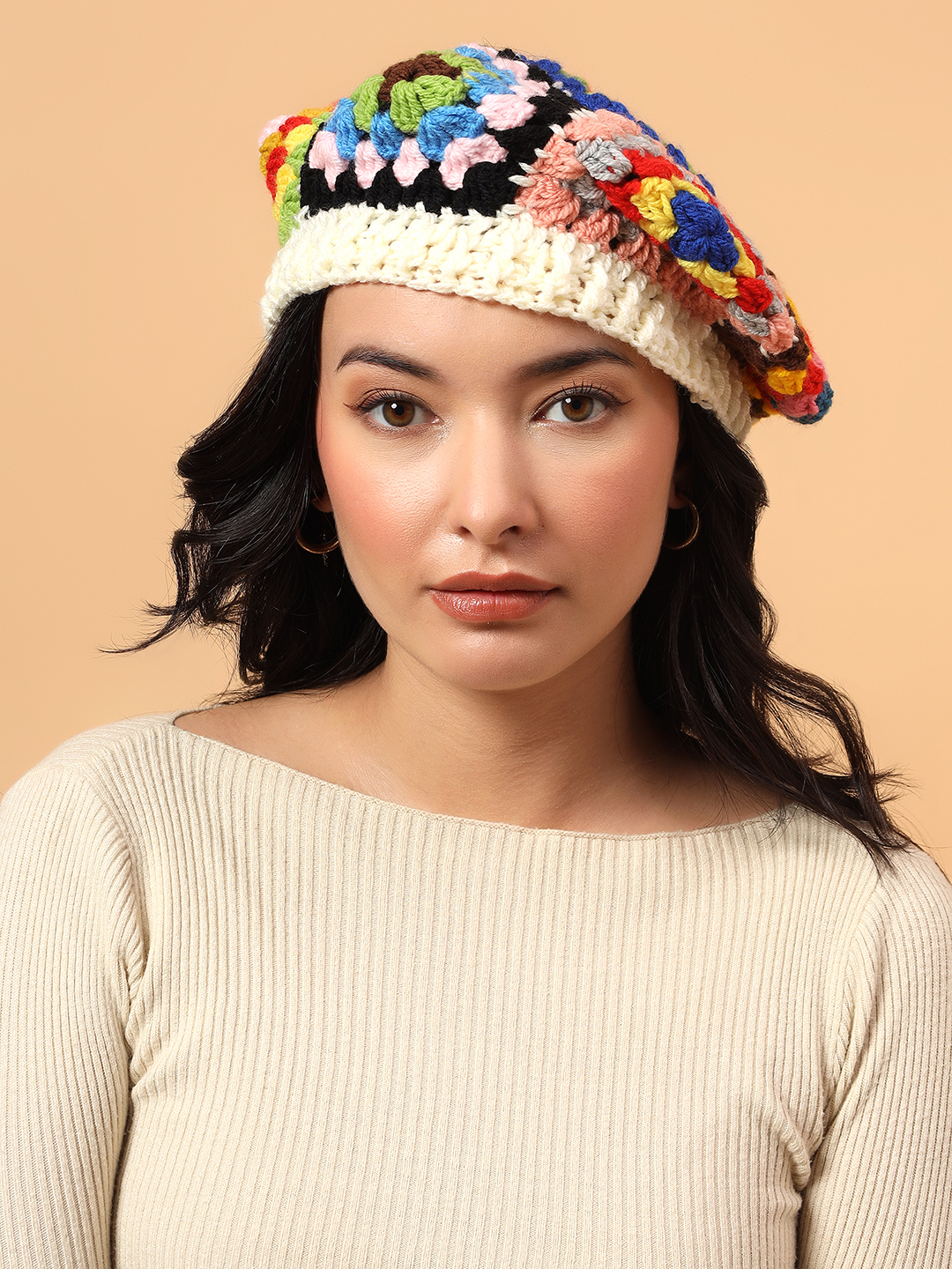 Velvery Handknitted Granny Square Beret Cap - Multicolor