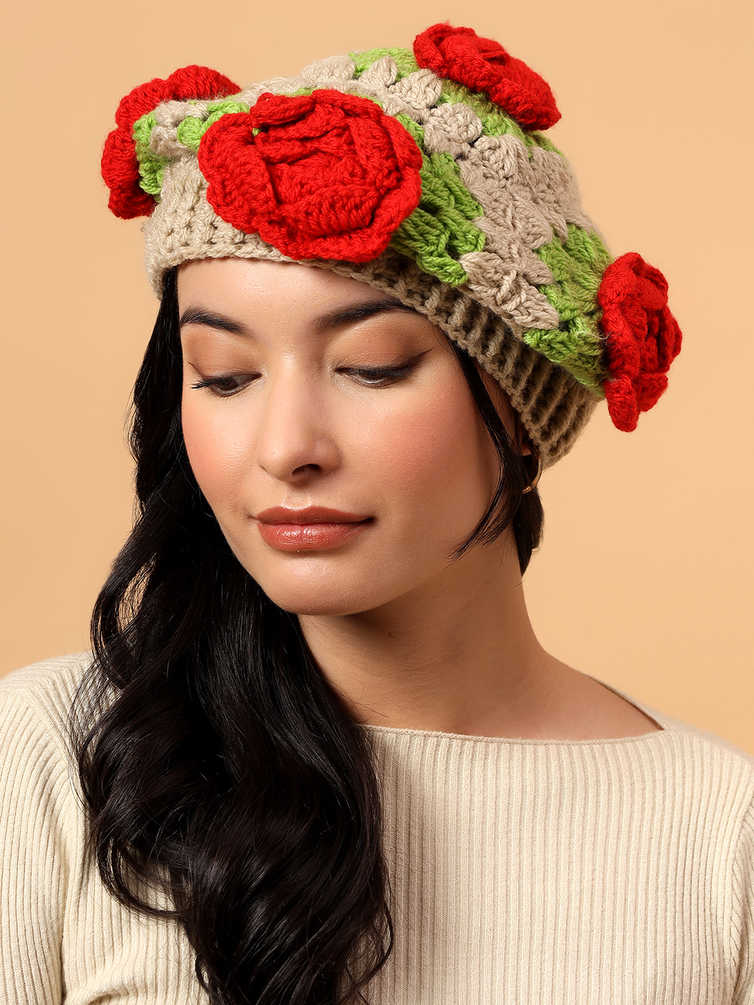 Velvery Handknitted Rose Detailed Cap - Beige