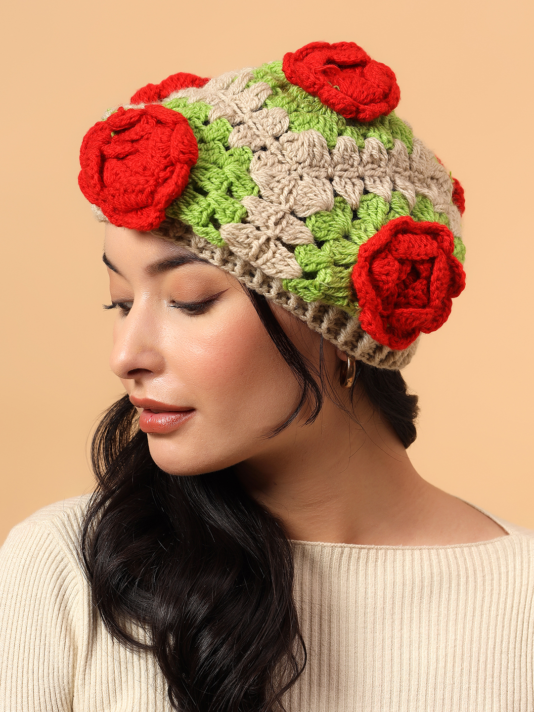 Velvery Handknitted Rose Detailed Cap - Beige