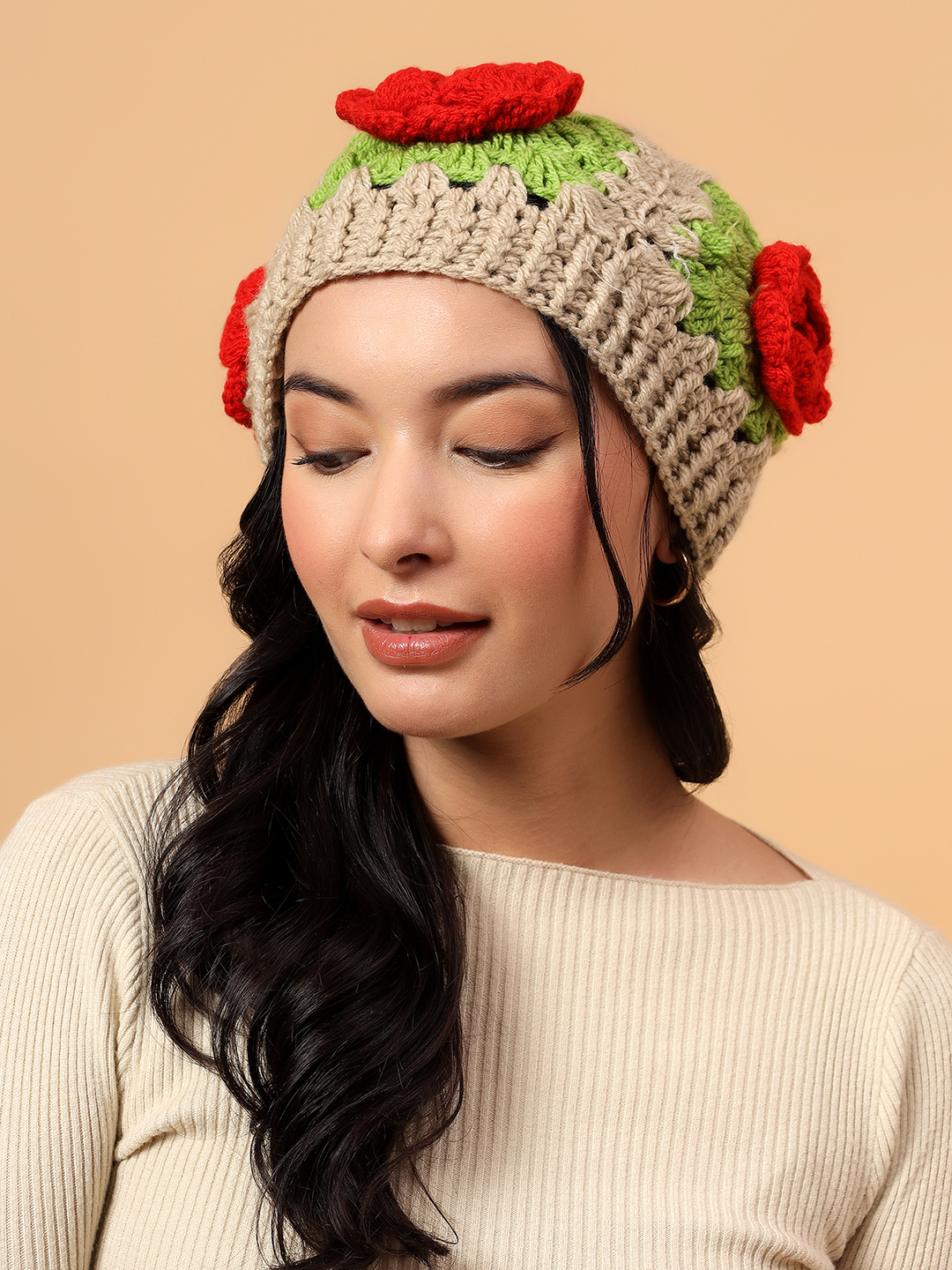 Velvery Handknitted Rose Detailed Cap - Beige