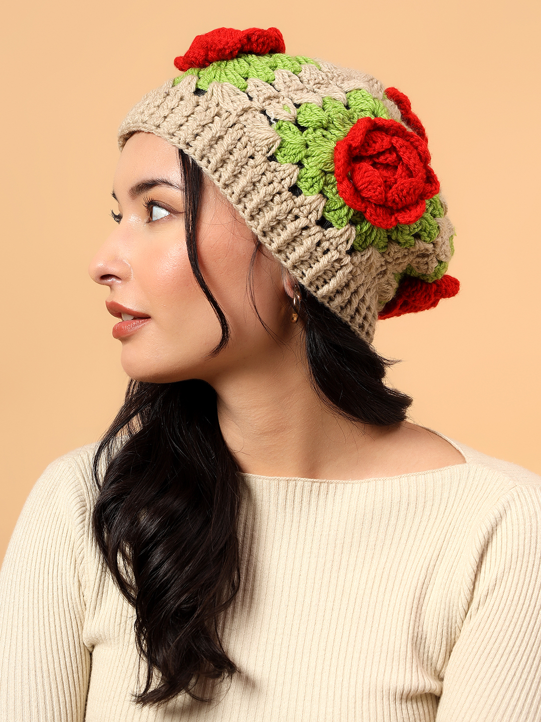 Velvery Handknitted Rose Detailed Cap - Beige