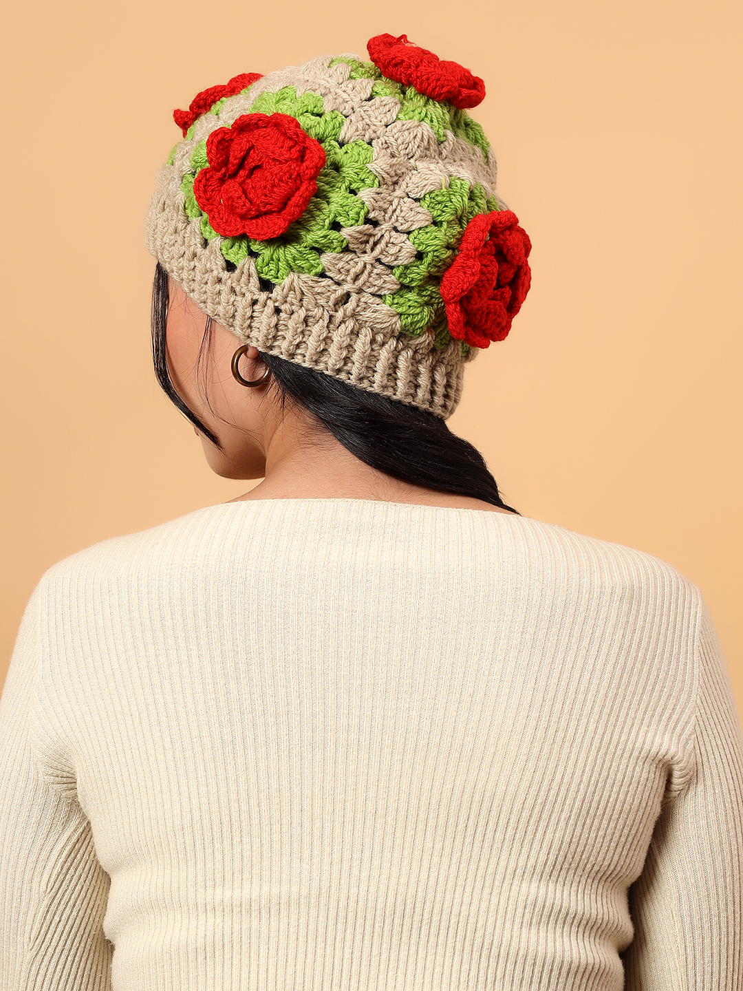 Velvery Handknitted Rose Detailed Cap - Beige