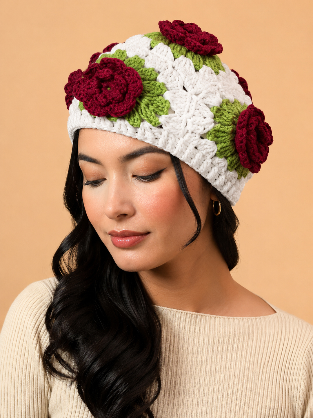 Velvery Handknitted Rose Beret Cap - White
