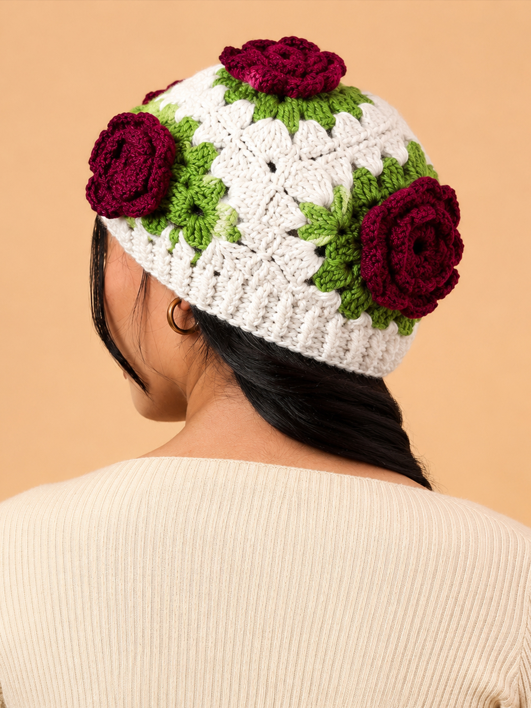 Velvery Handknitted Rose Beret Cap - White
