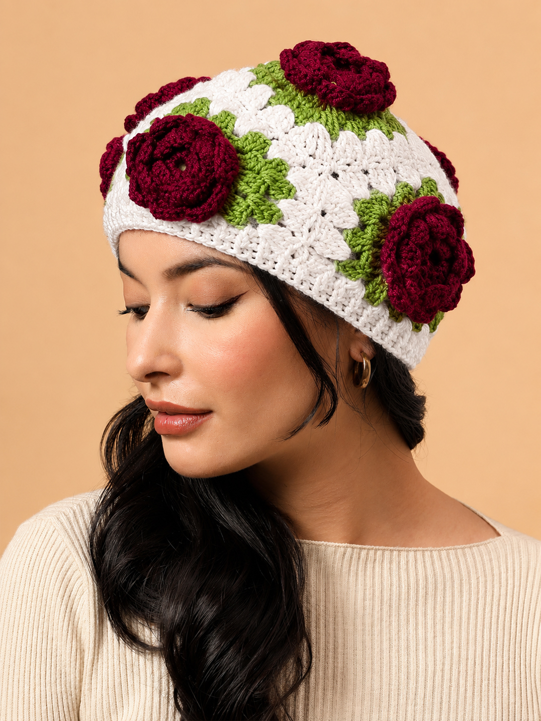 Velvery Handknitted Rose Beret Cap - White