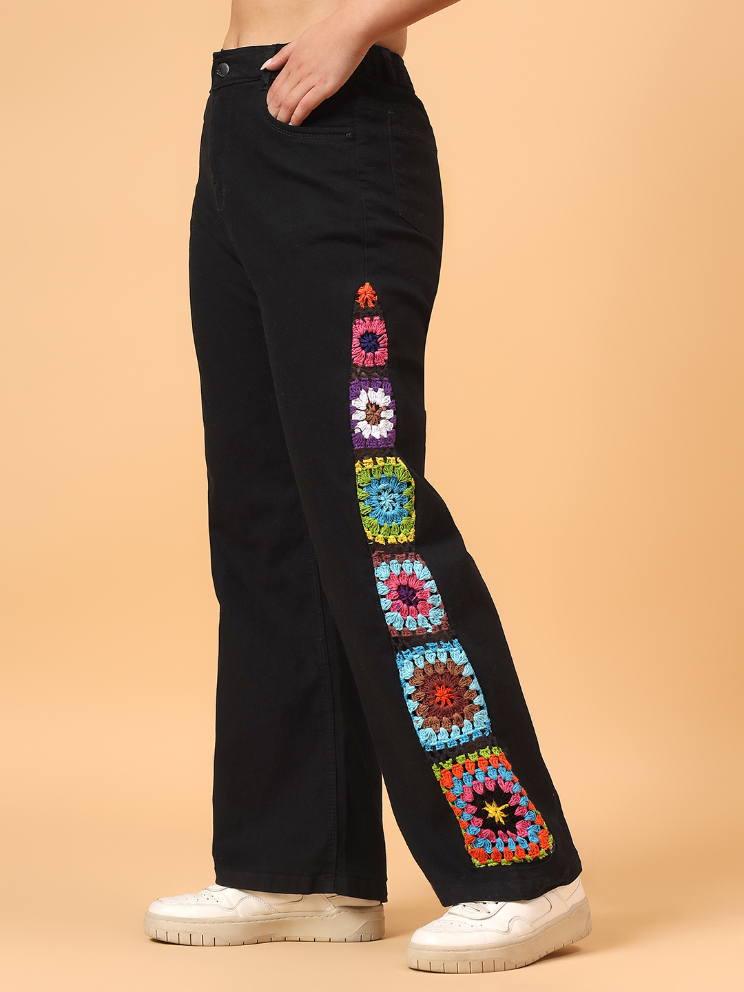 Velvery Crochet Granny Square Denim Jeans - Black