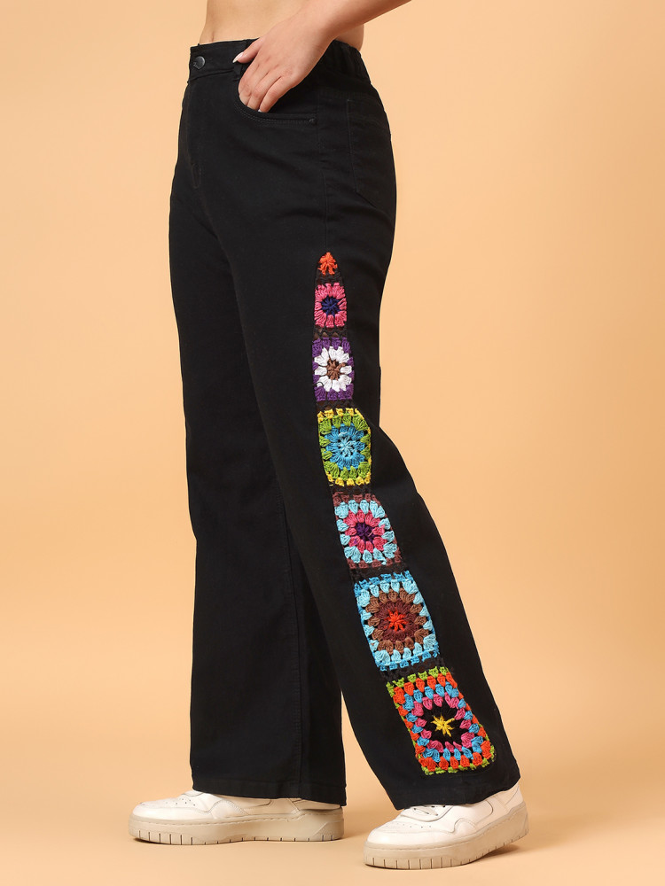 Image of Velvery Crochet Granny Square Denim Jeans - Black