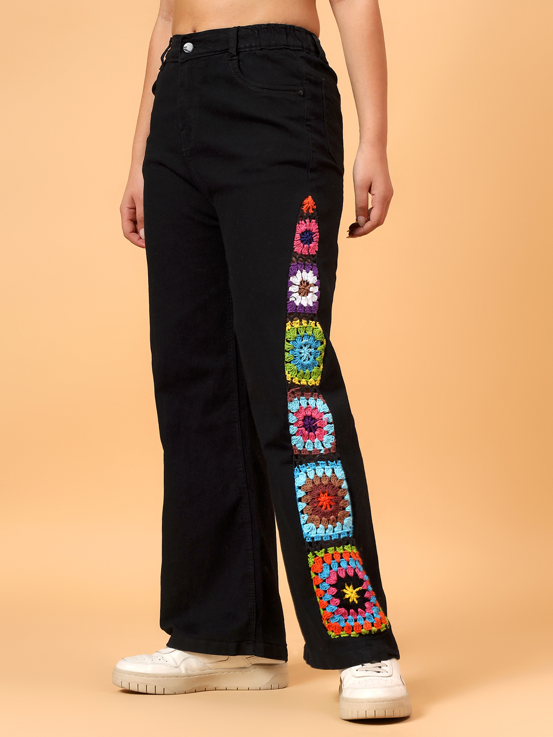 Velvery Crochet Granny Square Denim Jeans - Black