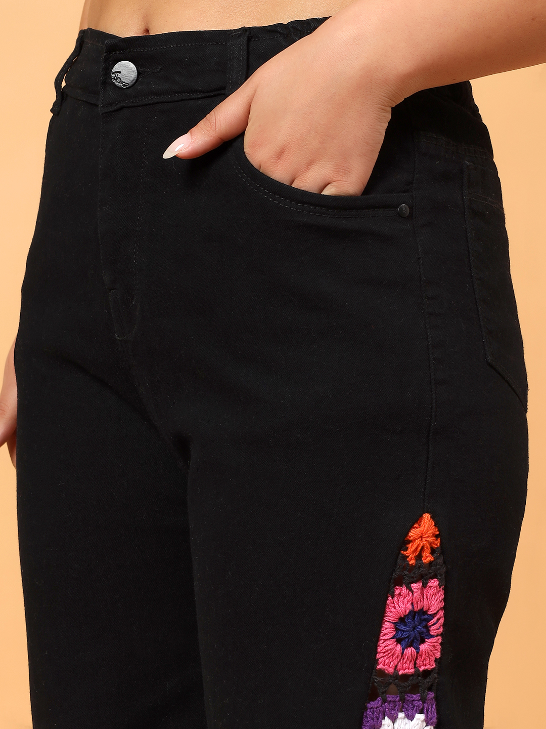 Velvery Crochet Granny Square Denim Jeans - Black