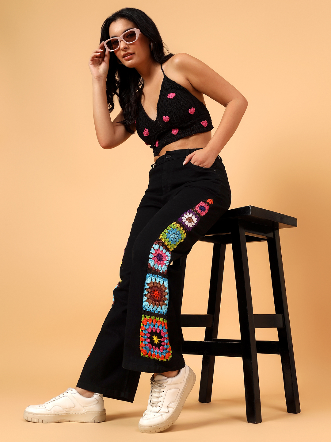 Velvery Crochet Granny Square Denim Jeans - Black
