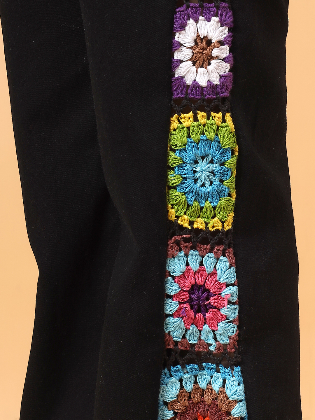 Velvery Crochet Granny Square Denim Jeans - Black
