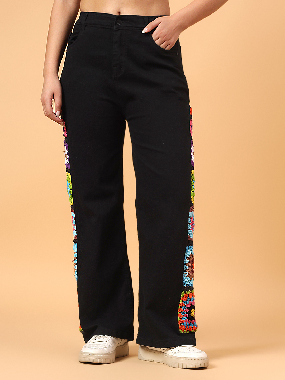 Velvery Crochet Granny Square Denim Jeans - Black