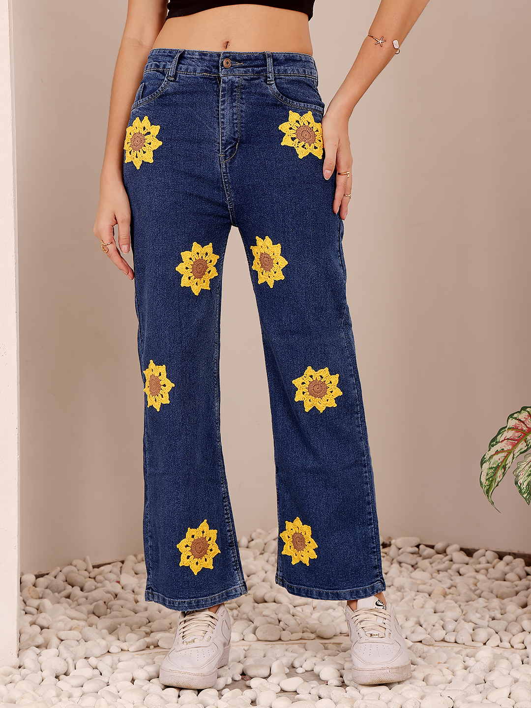Sunflower Applique Straight Denim Jeans