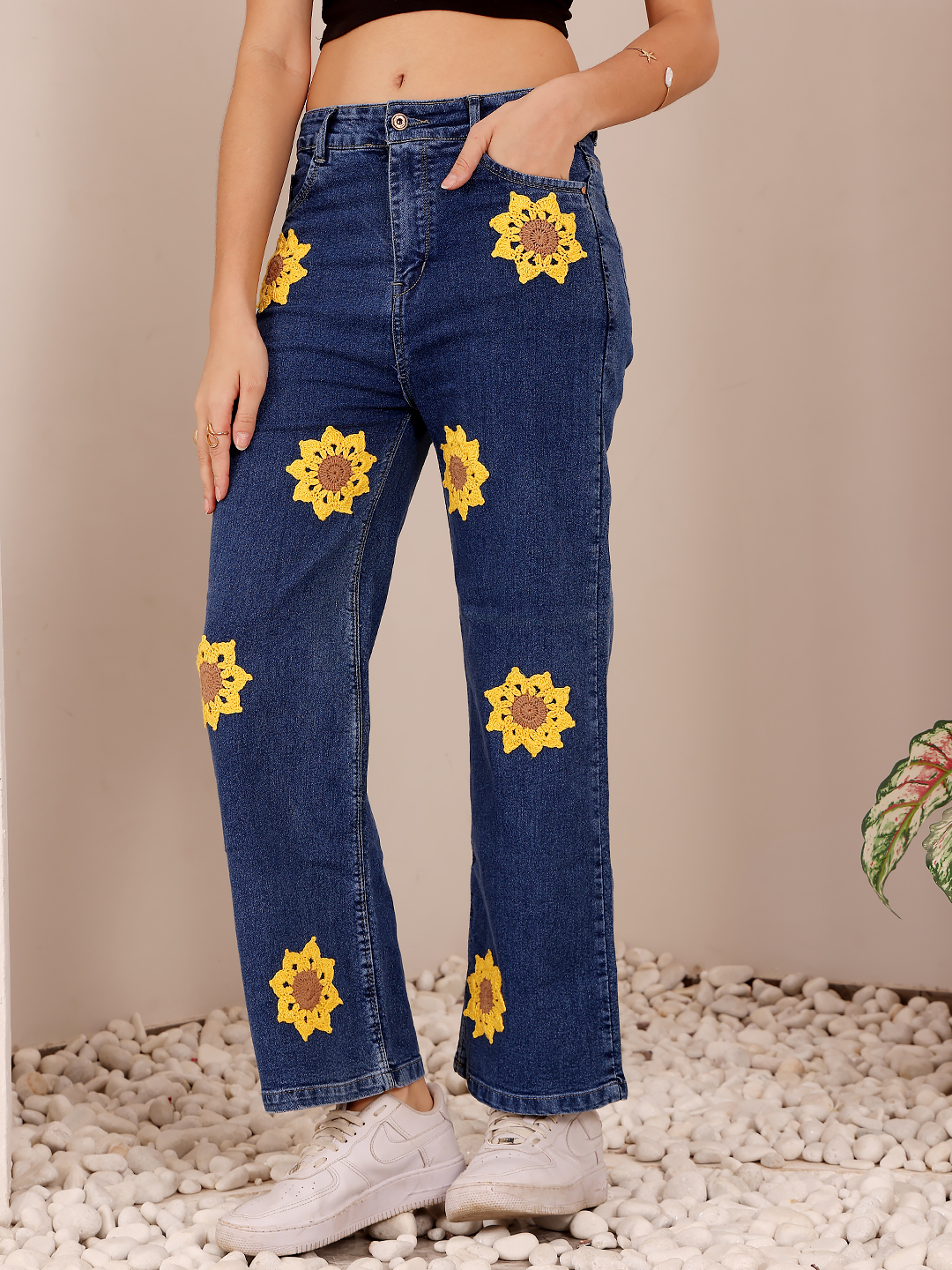 Sunflower Applique Straight Denim Jeans