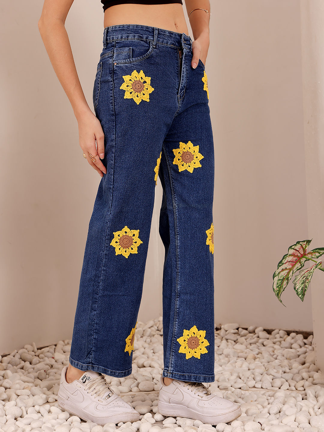 Sunflower Applique Straight Denim Jeans
