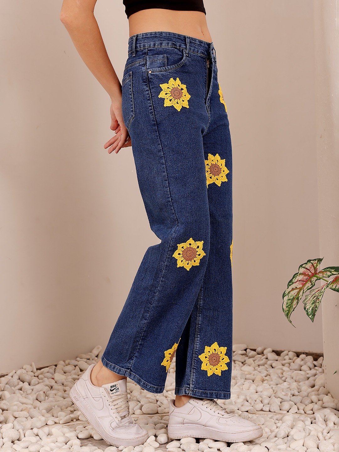 Sunflower Applique Straight Denim Jeans