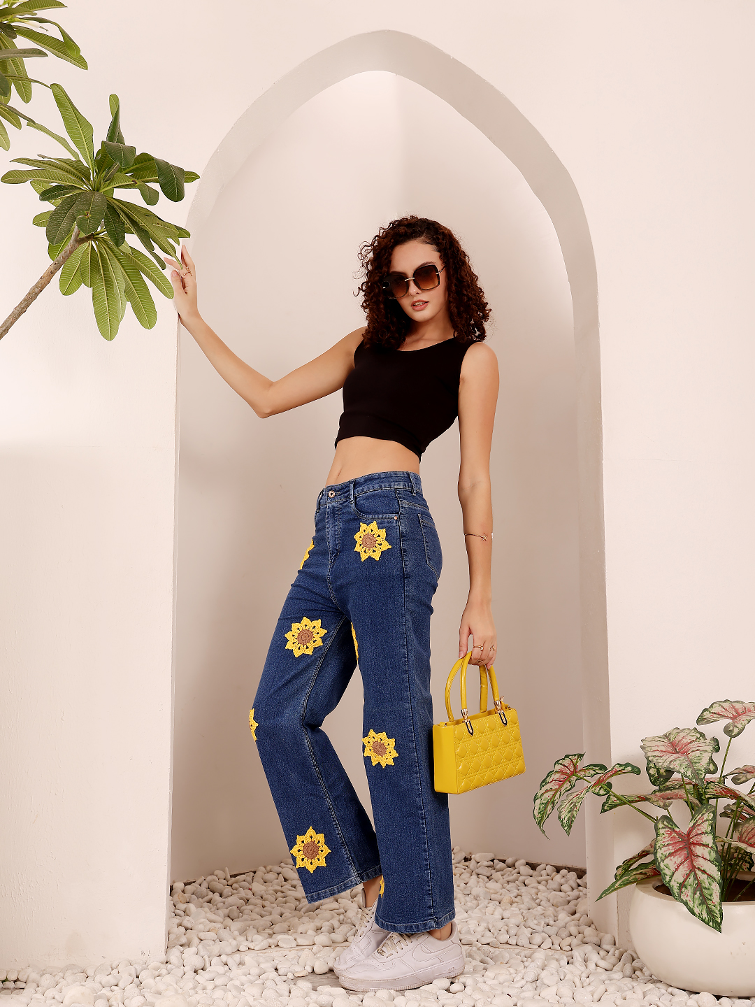 Sunflower Applique Straight Denim Jeans