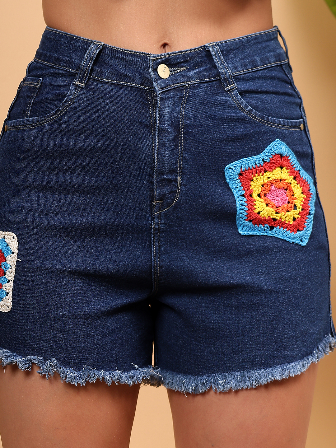 Crochet Patchwork Denim Shorts