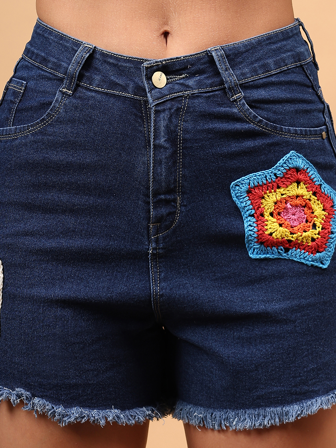 Crochet Patchwork Denim Shorts