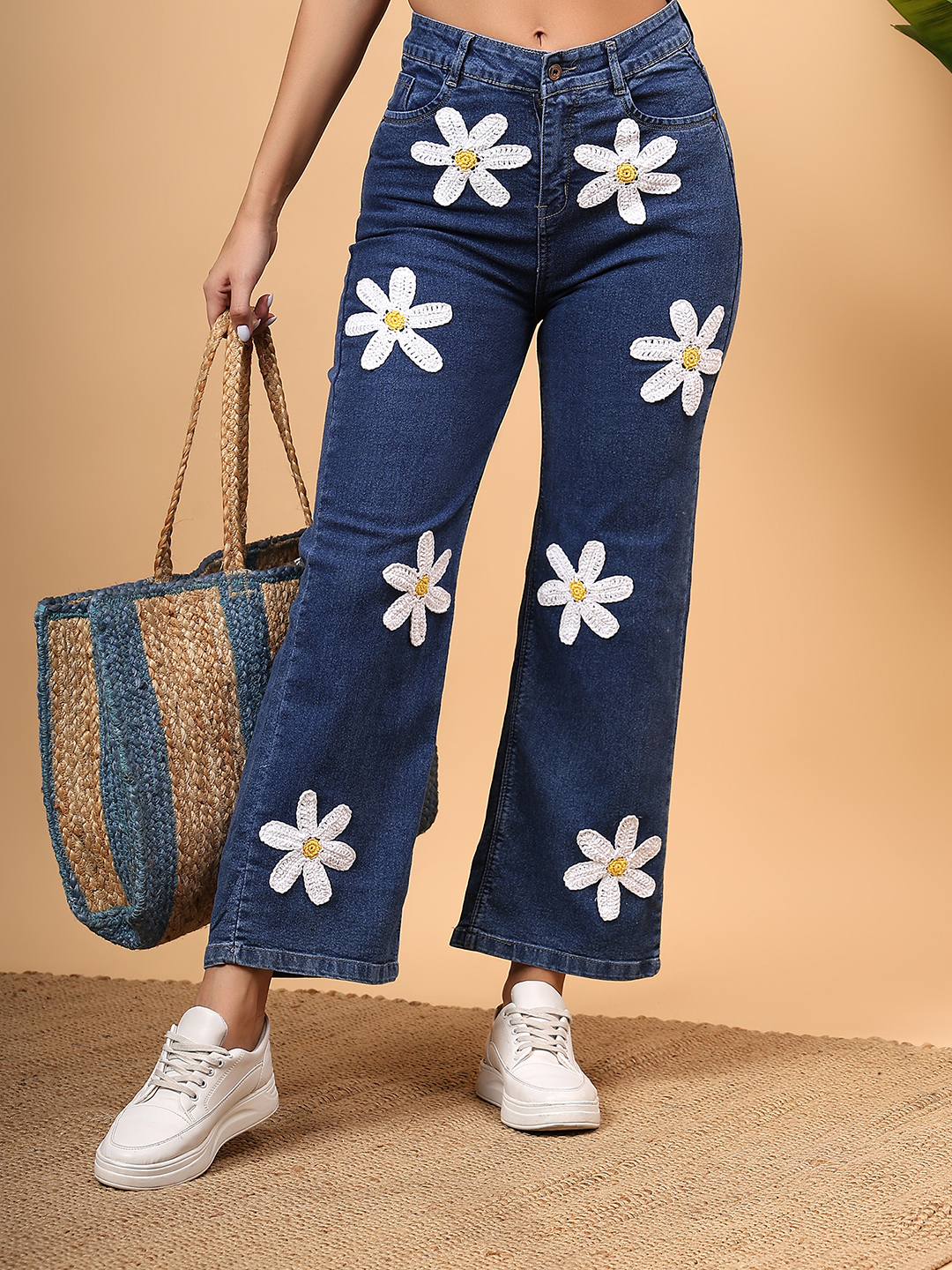 Women Crochet Floral Straight Fit Jeans
