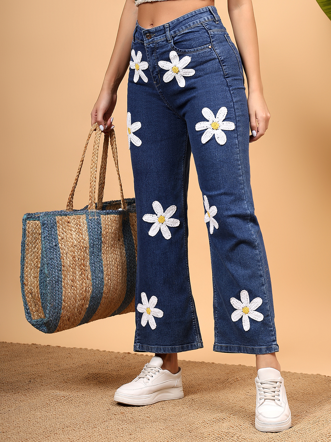 Women Crochet Floral Straight Fit Jeans