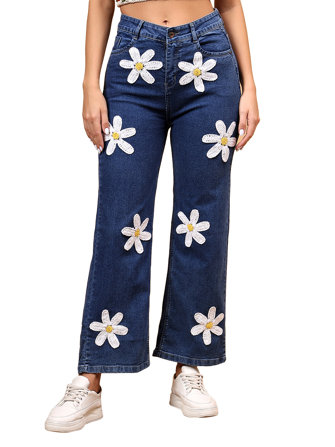 Women Crochet Floral Straight Fit Jeans