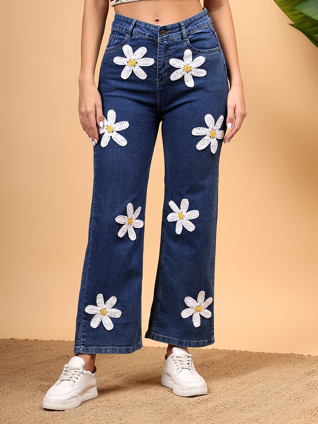 Women Crochet Floral Straight Fit Jeans