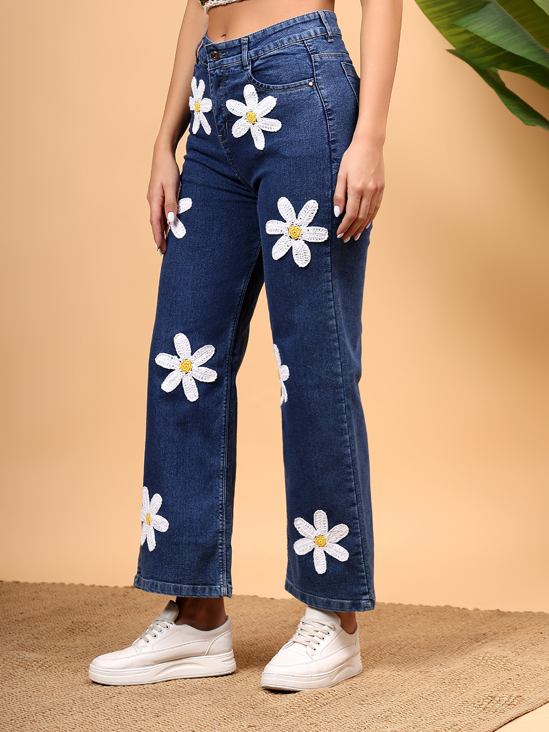 Women Crochet Floral Straight Fit Jeans