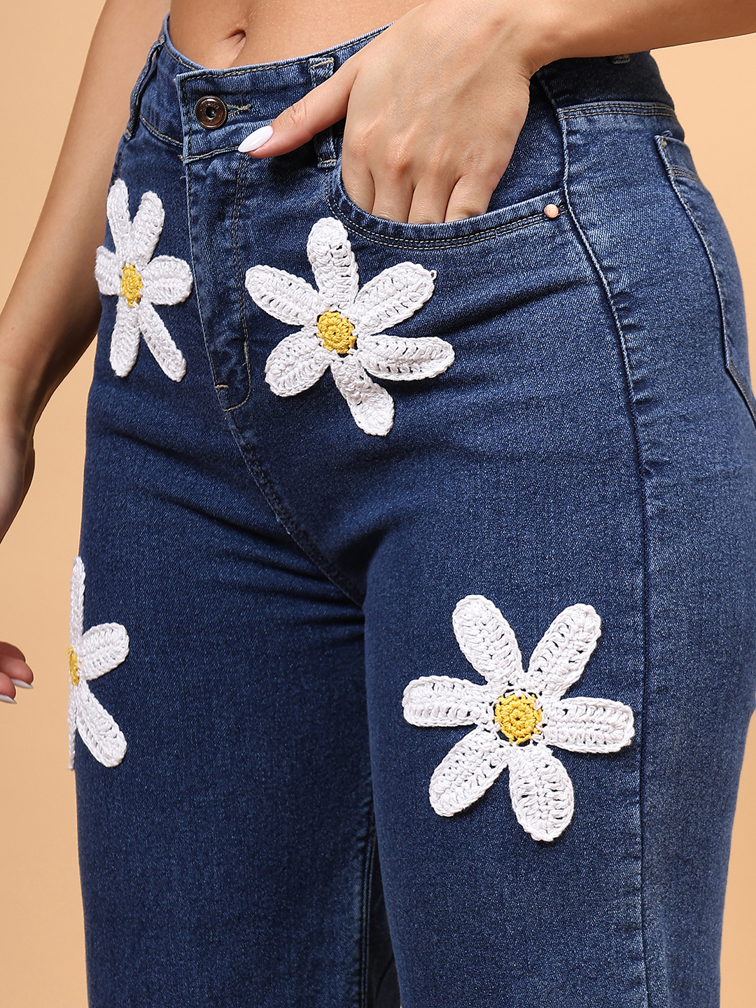 Women Crochet Floral Straight Fit Jeans