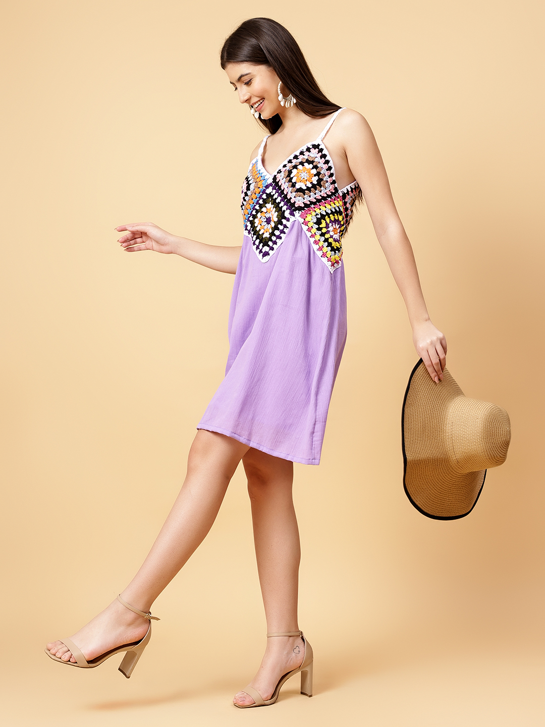 Velvery Bohemian Handmade Square Crochet Design Lavender Resortwear Dress