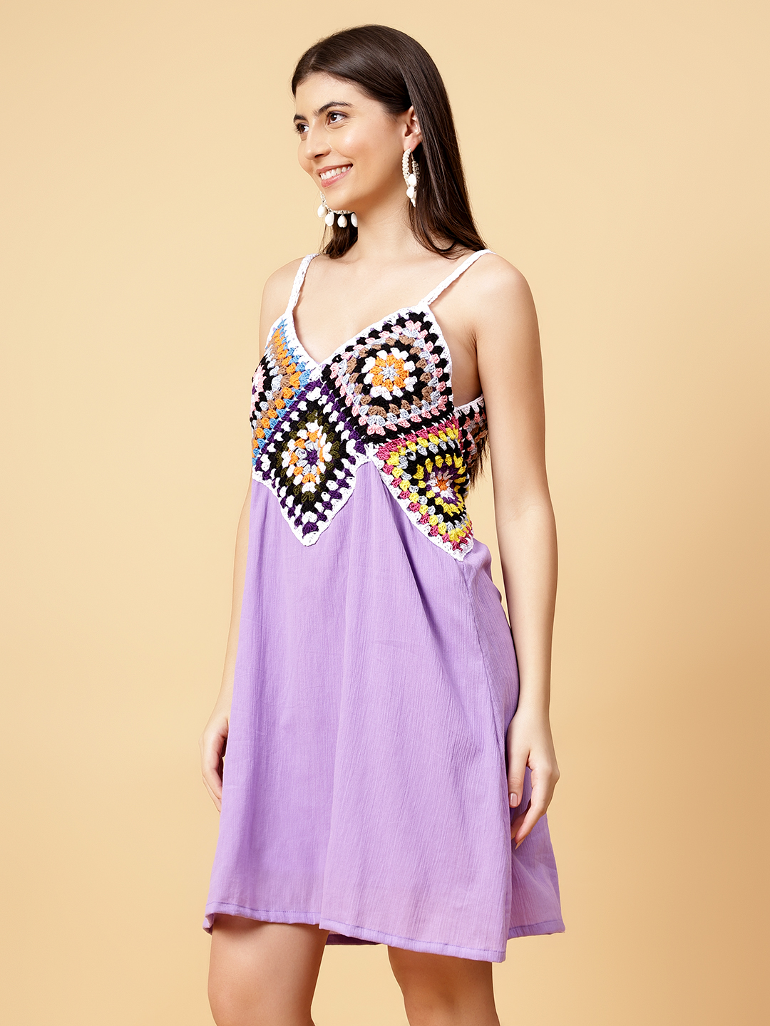 Velvery Bohemian Handmade Square Crochet Design Lavender Resortwear Dress